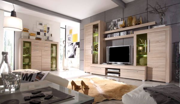 Wohnzimmer: Highboard Boom Sonoma Eiche sgerau, hell (160x137 cm) inkl. LED-Beleuchtung