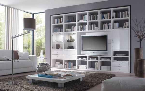 Wohnwand Bücherwand Walnuss Lack weiß matt