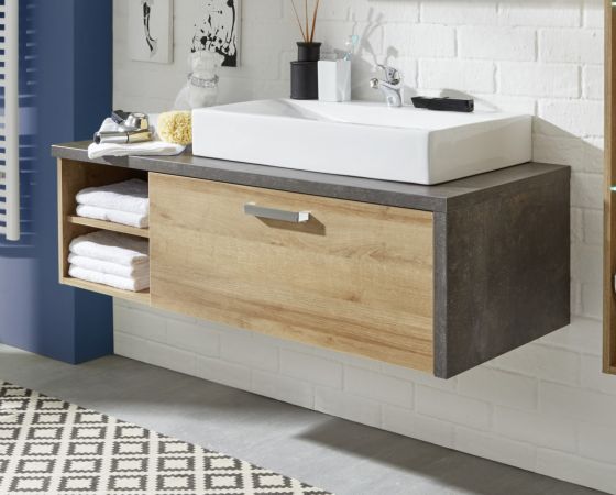Badezimmer Waschbeckenunterschrank Bay in Eiche Riviera Honig und grau Beton Design inkl. Waschbecken 123 x 39 cm