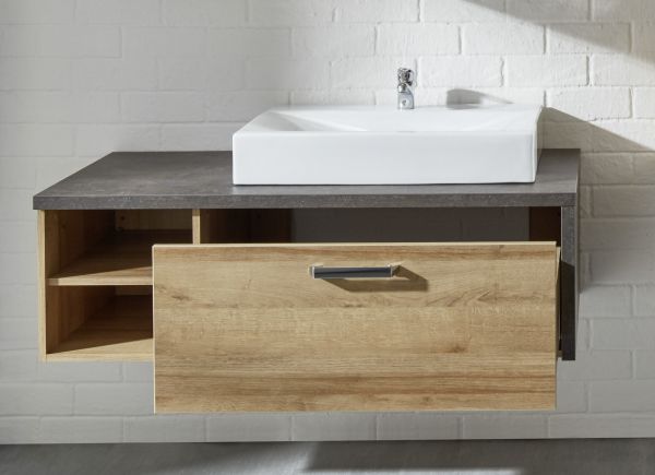 Badezimmer Waschbeckenunterschrank Bay in Eiche Riviera Honig und grau Beton Design inkl. Waschbecken 123 x 39 cm