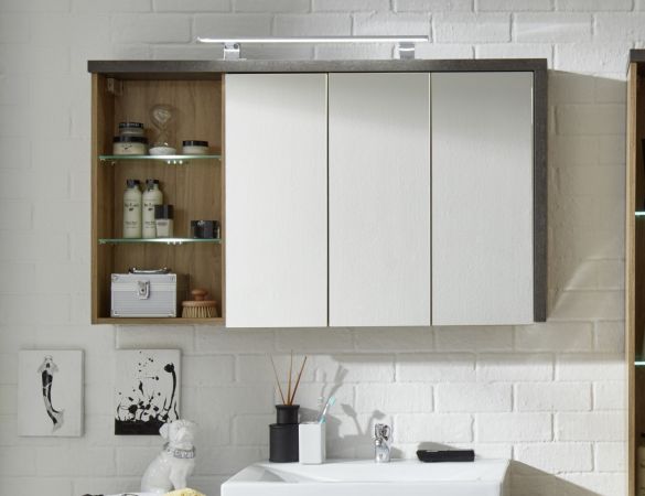 Spiegelschrank Bay 3-t�rig 3D Eiche Riviera Honig und grau Beton Design 120 cm Spiegellampe
