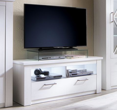 TV-Lowboard Georgia in Pinie Struktur wei Dekor Unterteil 139 x 58 cm Fernsehtisch im Landhausstil