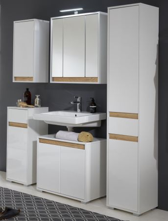 Badezimmer Waschbeckenunterschrank SOL in wei Hochglanz lackiert und Eiche Dekor Badschrank 67 x 60 cm