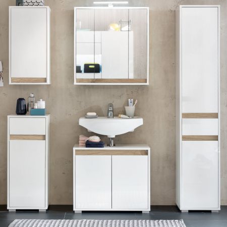 Badezimmer Waschbeckenunterschrank SOL in wei Hochglanz lackiert und Eiche Dekor Badschrank 67 x 60 cm