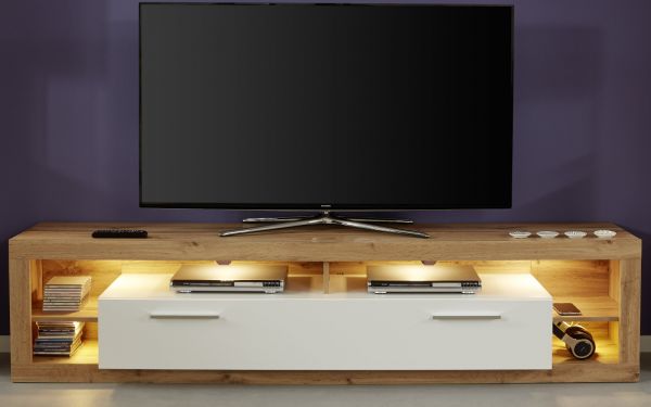 TV-Lowboard Rock in wei Hochglanz und Wotan Eiche Fernsehtisch Breite 200 cm