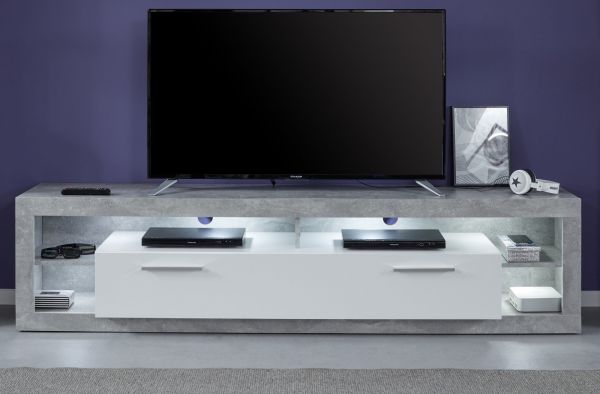 TV-Lowboard Rock in wei Hochglanz und Stone Design grau Fernsehtisch Breite 200 cm