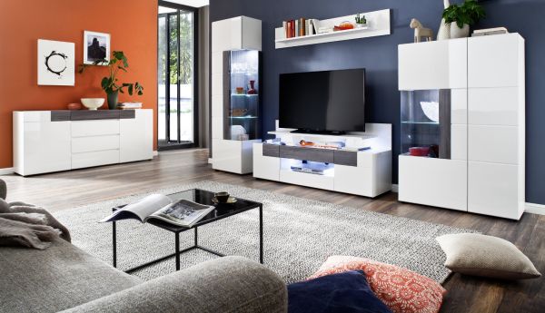 TV-Lowboard Tokyo Hochglanz wei und Sardegna grau 153 x 43 cm TV-Unterteil