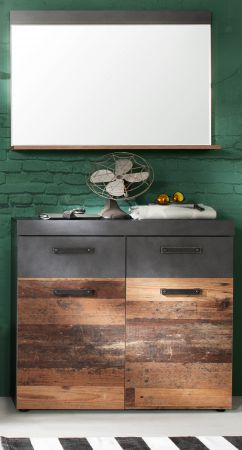 Garderobe Indy 2-teilig in Used Wood Shabby mit Matera grau 90 x 192 cm mit Schuhschrank und Spiegel
