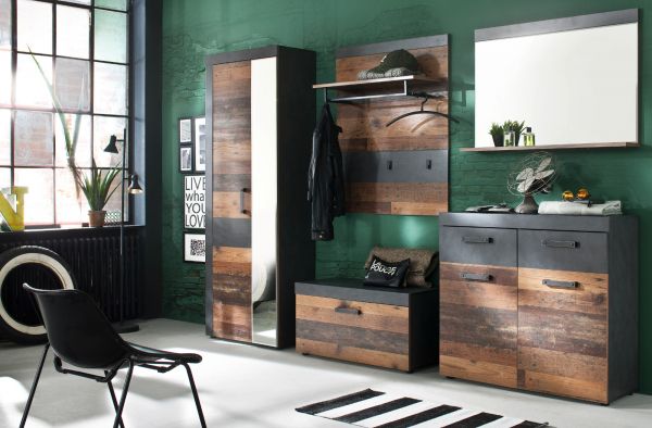 Garderobe Indy 2-teilig in Used Wood Shabby mit Matera grau 90 x 192 cm mit Schuhschrank und Spiegel