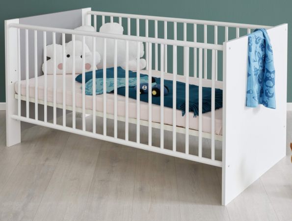 Babyzimmer Babybett Wilson in wei und grau Gitterbett mit Schlupfsprossen und Lattenrost 70 x 140 cm Liegeflche