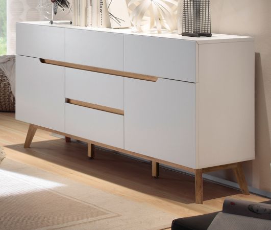 Sideboard Cervo in matt wei echt Lack mit Asteiche massiv Kommode 145 x 76 cm