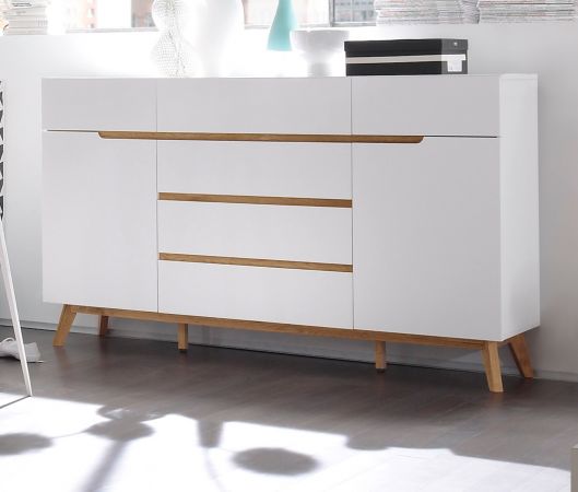 Sideboard Cervo in matt wei echt Lack mit Asteiche massiv Kommode 169 x 101 cm