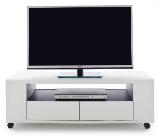 TV-Lowboard Chessey in wei matt mit Anthrazit Fernsehtisch auf Rollen 119 x 46 cm
