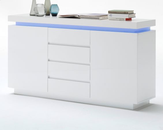 Sideboard Ocean in Hochglanz wei echt Lack Kommode inkl. LED Beleuchtung mit Farbwechsel 150 x 81 cm