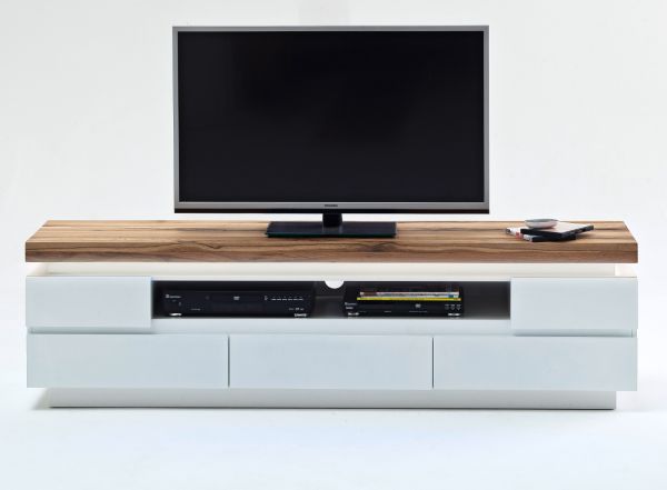 TV-Lowboard Romina in matt wei echt Lack mit Eiche massiv Fernsehtisch inkl. dimmbarer LED Beleuchtung 175 x 49 cm