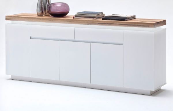 Sideboard Romina in matt wei echt Lack mit Eiche massiv Kommode inkl. dimmbarer LED Beleuchtung 200 x 81 cm