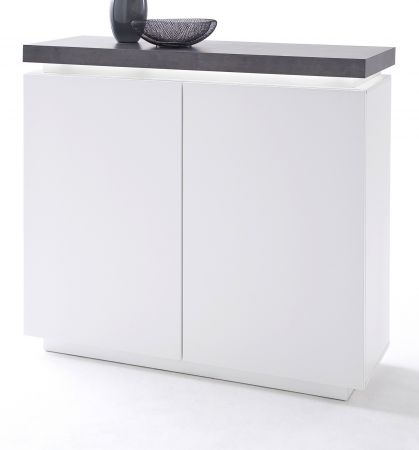 Highboard Atlanta in matt wei echt Lack mit Stone Design Anrichte inkl. dimmbarer LED Beleuchtung 120 x 113 cm