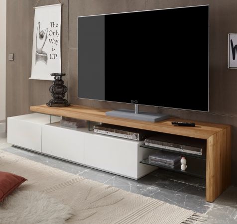 TV-Lowboard Alimos in Asteiche massiv gelt und matt wei Fernsehtisch 204 x 44 cm