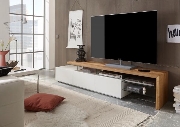 TV-Lowboard Alimos in Asteiche massiv gelt und matt wei Fernsehtisch 204 x 44 cm