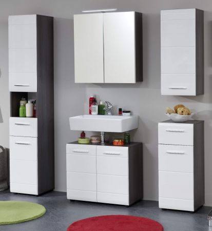 Badezimmer Badmbel Set Line  in wei Hochglanz und Sardegna grau Rauchsilber 5-teilig 150 x 182 cm