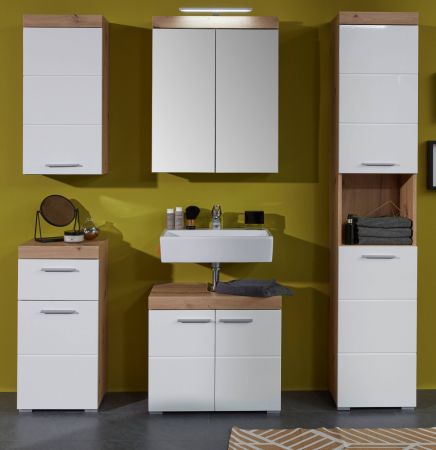 Badezimmer Badm�bel Set Amanda in wei� Hochglanz und Eiche Badkombination 5-teilig 163 x 190 cm