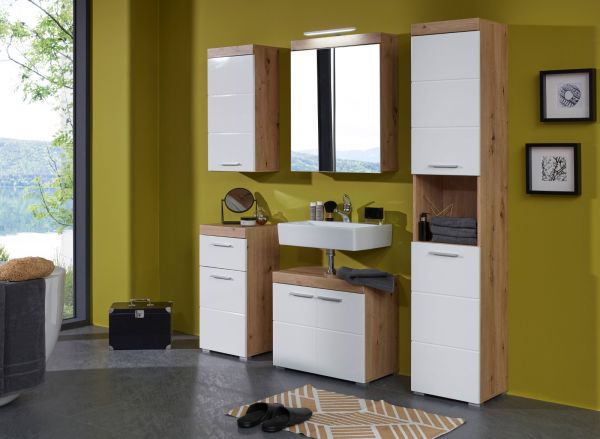 Badezimmer Badm�bel Set Amanda in wei� Hochglanz und Eiche Badkombination 5-teilig 163 x 190 cm