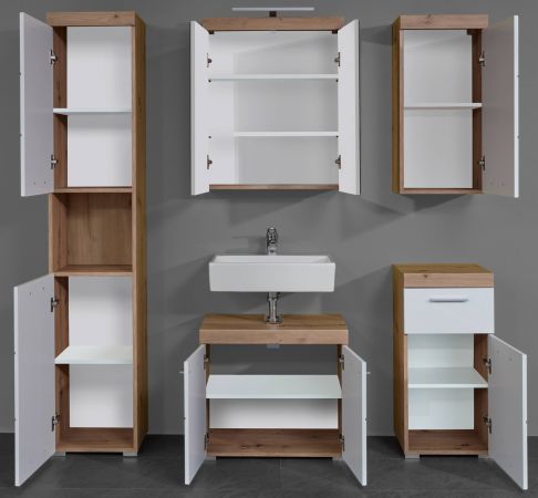 Badezimmer Badm�bel Set Amanda in wei� Hochglanz und Eiche Badkombination 5-teilig 163 x 190 cm