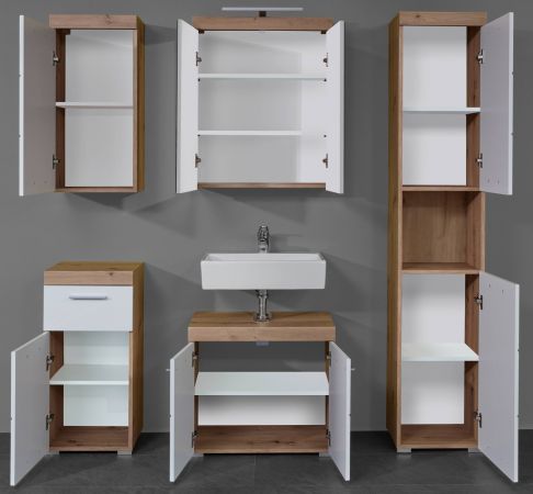 Badezimmer Badm�bel Set Amanda in wei� Hochglanz und Eiche Badkombination 5-teilig 163 x 190 cm