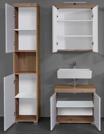 Badezimmer Badmbel Set Amanda in wei Hochglanz und Eiche Badkombination 3-teilig 112 x 190 cm