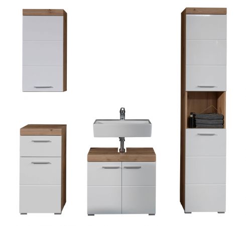 Badezimmer Badm�bel Set Amanda in wei� Hochglanz und Eiche Badkombination 4-teilig 163 x 190 cm