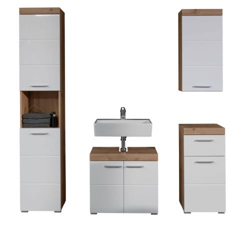 Badezimmer Badm�bel Set Amanda in wei� Hochglanz und Eiche Badkombination 4-teilig 163 x 190 cm