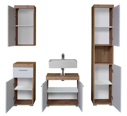 Badezimmer Badm�bel Set Amanda in wei� Hochglanz und Eiche Badkombination 4-teilig 163 x 190 cm