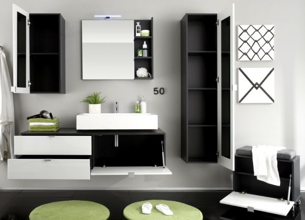 Badezimmer: Hngeschrank Beach Hochglanz wei, grau (35x157 cm) mit Spiegel innen