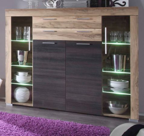 Wohnzimmer: Highboard Boom Nussbaum Satin, Touchwood dunkelbraun (160x137 cm) inkl. LED-Beleuchtung