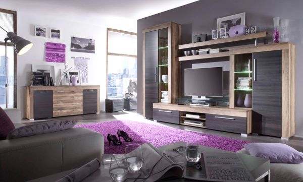 Wohnzimmer: Highboard Boom Nussbaum Satin, Touchwood dunkelbraun (160x137 cm) inkl. LED-Beleuchtung