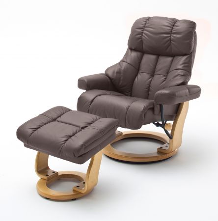 Relaxsessel Calgary XXL in braun Leder und Natur mit Hocker Funktionssessel bis 180 kg Schlafsessel Fernsehsessel