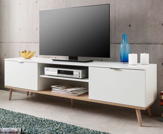 TV-Lowboard Gteborg in matt wei mit Sonoma Eiche massiv Fernsehtisch skandinavisch 160 x 51 cm TV-Unterteil