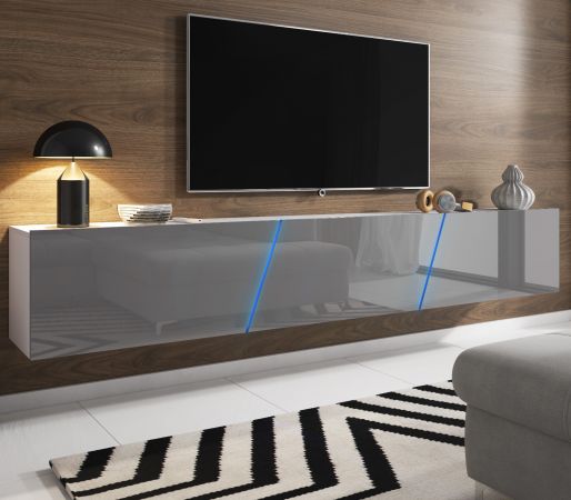 TV Lowboard Space in grau Hochglanz Lack TV Unterteil hngend / stehend XXL-Board 240 cm mit LED