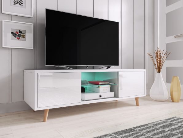 TV-Lowboard Norway-1 in wei Hochglanz - Fernsehtisch skandinavisch 140 x 45 cm