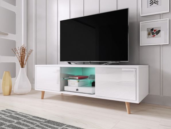 TV-Lowboard Norway-1 in wei Hochglanz - Fernsehtisch skandinavisch 140 x 45 cm