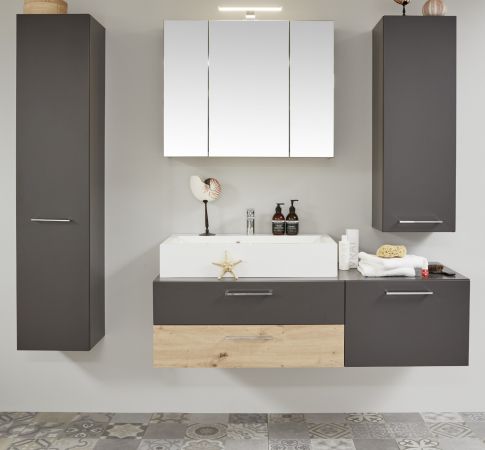 Badezimmer Hochschrank One in grau matt Lack Badschrank mit Spiegel innen 35 x 160 cm Badmbel