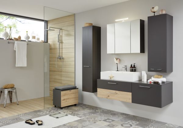 Badezimmer Hochschrank One in grau matt Lack Badschrank mit Spiegel innen 35 x 160 cm Badmbel