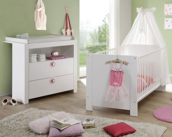 Babyzimmer Olivia in wei und rosa komplett Set 2-teilig mit Wickelkommode und Babybett