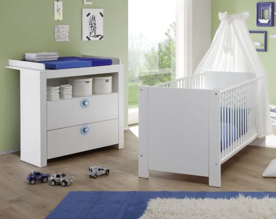 Babyzimmer Olivia in wei und blau komplett Set 2-teilig mit Wickelkommode und Babybett