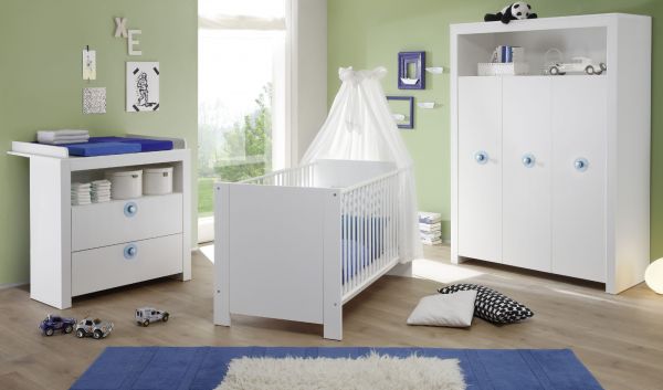 Babyzimmer Olivia in wei und blau komplett Set 3-teilig mit Wickelkommode Kleiderschrank und Babybett