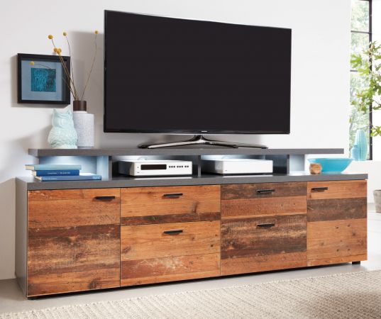 TV-Lowboard Mood in Old Used Wood Design mit Matera grau Fernsehtisch Shabby 180 x 66 cm TV in Komforthhe
