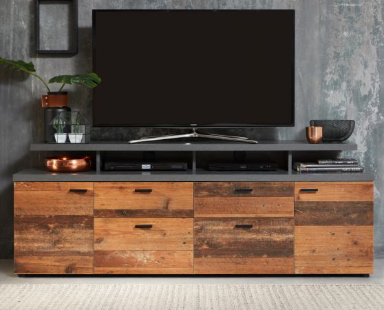 TV-Lowboard Mood in Old Used Wood Design mit Matera grau Fernsehtisch Shabby 180 x 66 cm TV in Komforthhe