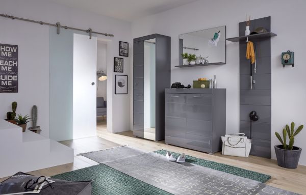 Garderobenschrank und Schuhschrank Amanda in Hochglanz grau Flurgarderobe mit Spiegel 2-trig 62 x 195 cm
