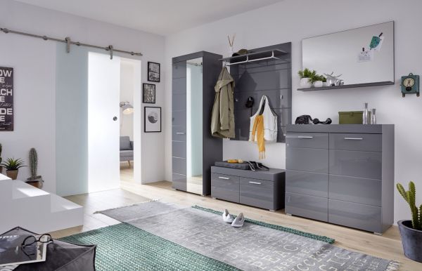 Garderobenschrank und Schuhschrank Amanda in Hochglanz grau Flurgarderobe mit Spiegel 2-trig 62 x 195 cm