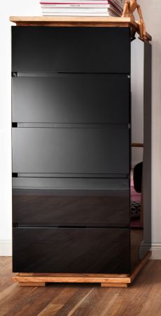 Kommode Chiaro schwarz Hochglanz Lack und Eiche / Asteiche massiv gelt Schubkastenkommode 51 x 115 cm